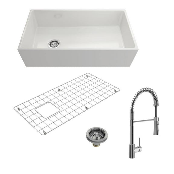 BOCCHI 1354-001-2020CH Apron Front Fireclay 36 Inch Single Bowl Kitchen Sink Kit