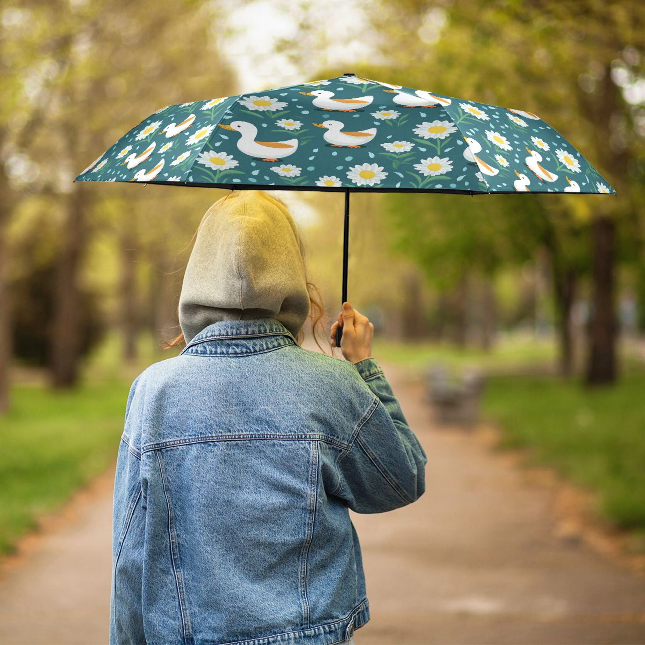 Cartoon Cute Duck and Daisies Compact Sun Umbrella Windproof Travel Umbrellas for Rain Strong Portable UV Protection