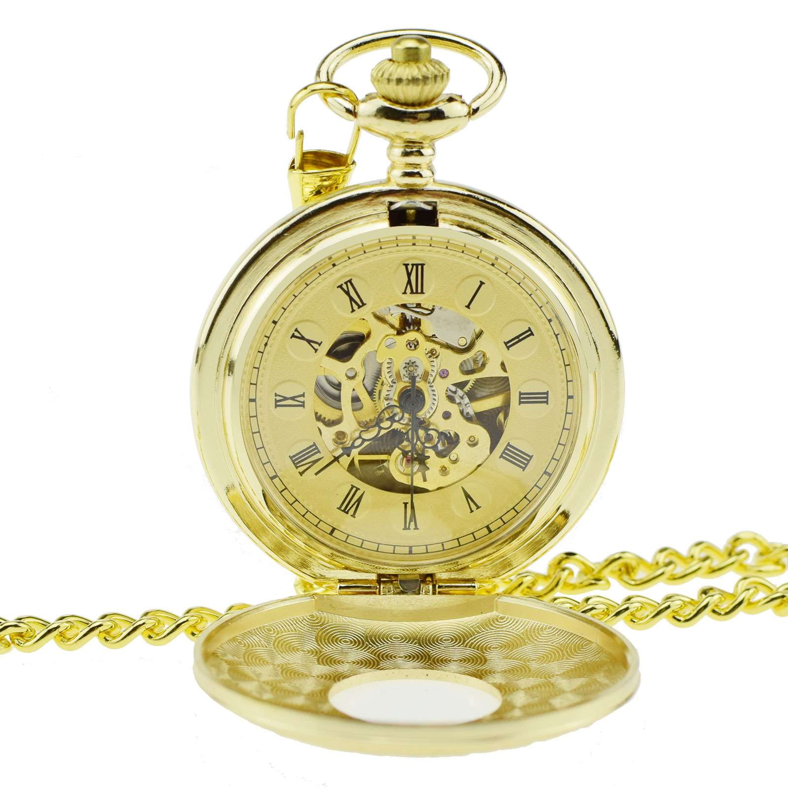 Retro Mens Mechanical Pocket Watch Golden Half Hunter Mechanical Chain