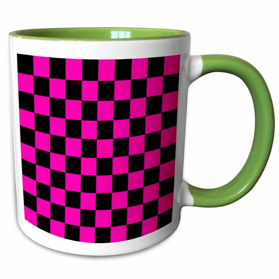 3drose, Pink and Black Checkered Print, 11oz Two-tone Green Mug