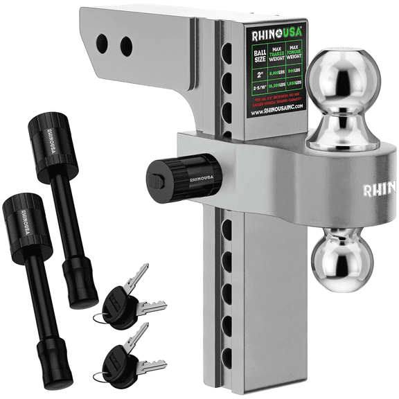 Rhino USA Adjustable Trailer Hitch (Fits 2.5-Inch Receiver) Heavy Duty Aluminum Tow Hitches with 10-Inch Drop/Rise for Truck (18,500 LBS GTW) Weatherproof Double Anti-Theft Locking Hitch Pins Silver