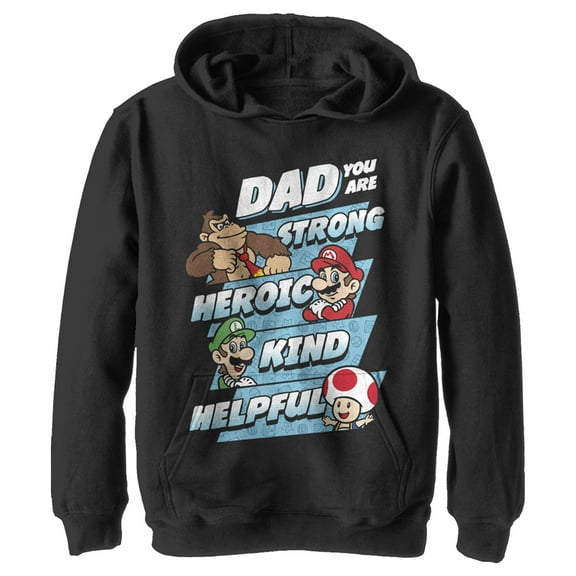 Boy's Nintendo Super Mario Dad You are Strong Heroic Kind Helpful  Pull Over Hoodie Black Large