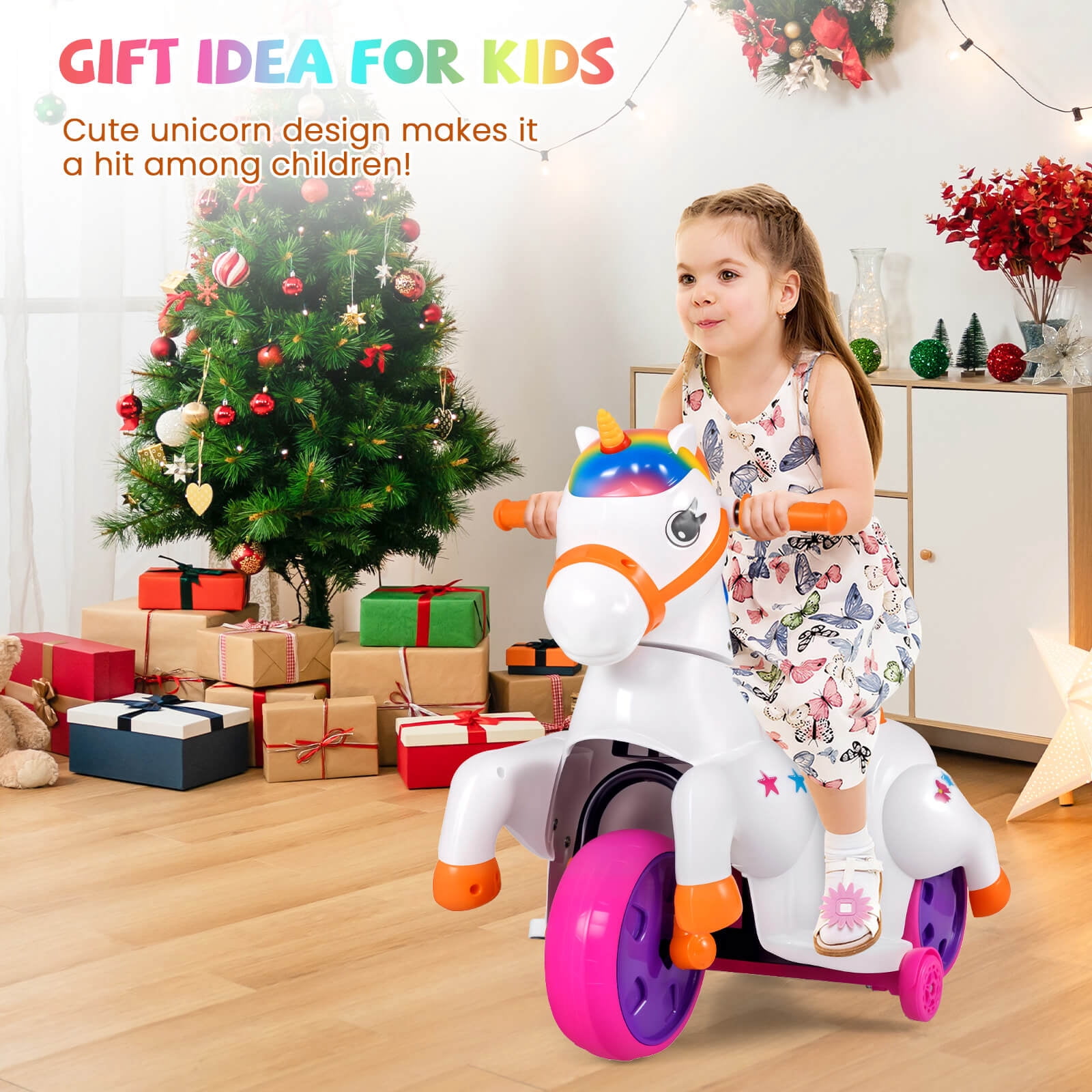 Costway 12V Kids Ride on Unicorn Toy with  Training Wheels Music One-button Start Horse Toy Multicolor