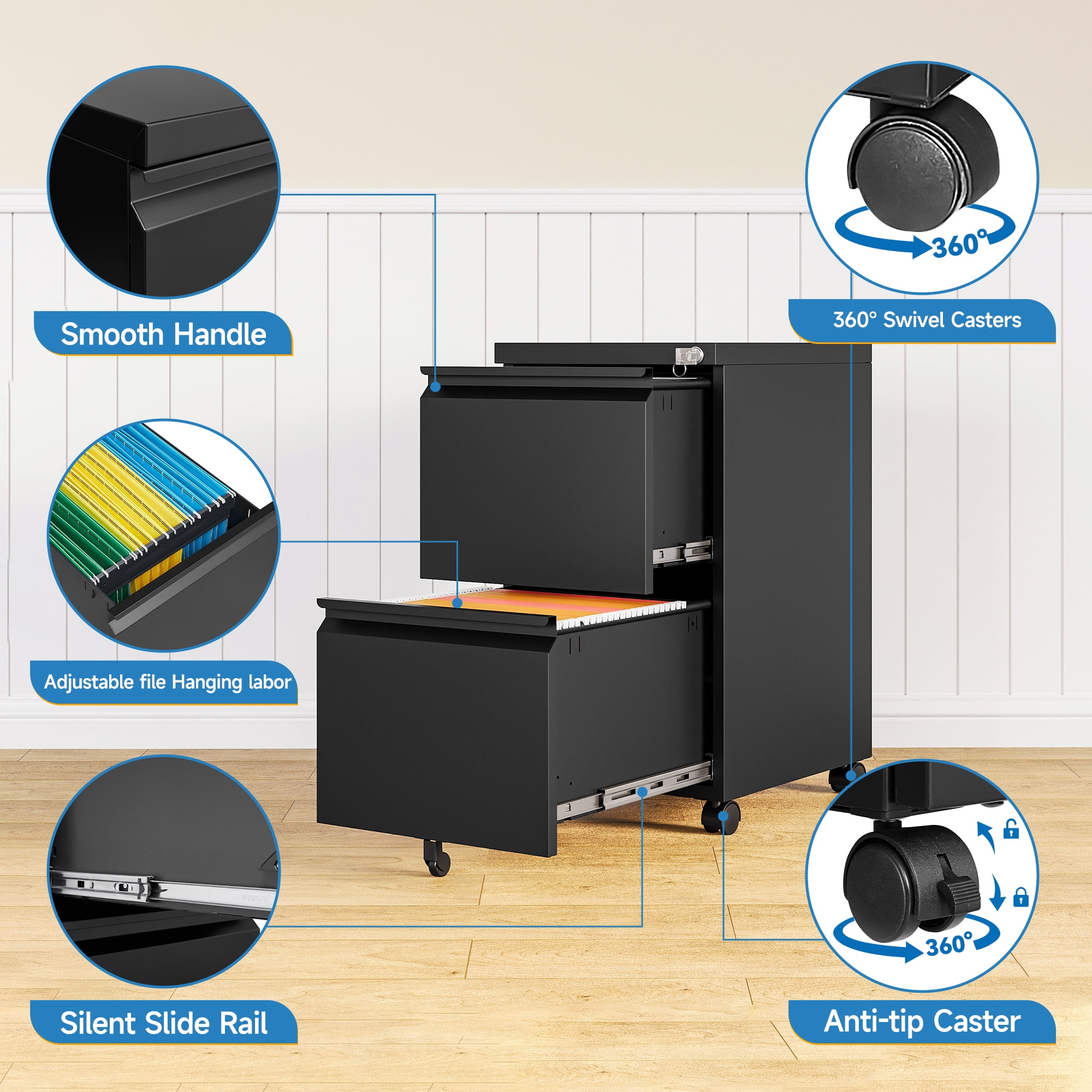 Fesbos 2 Drawer Mobile File Cabinet with Lock, Metal Rolling Filing Cabinets for Home Office, Fully Assembled, Black, Fits Letter/Legal/A4 Size Files