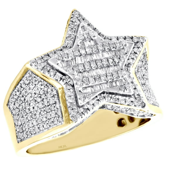 10K Yellow Gold Mens Baguette Diamond Stacked Star Shape Pinky Ring Band 1 CT.