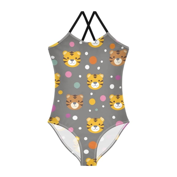 Girls' One-piece Swimsuit Cross Back Bathing Suit Beach Surfing Sizes 3T-10T Cute Tiger Face Pattern
