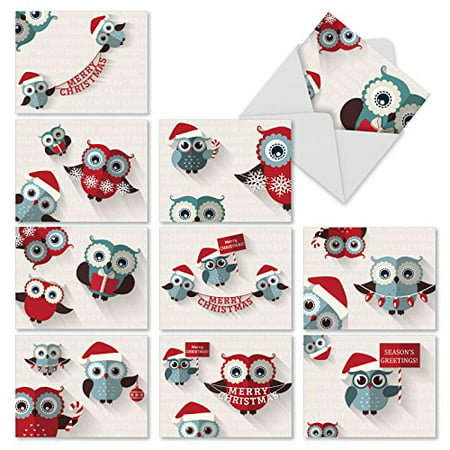 'M3947 HAPPY OWLIDAYS' 10 Assorted All Occasions Greeting Cards Featuring Cute Owls Offering Holiday Cheer with Envelopes by The Best Card