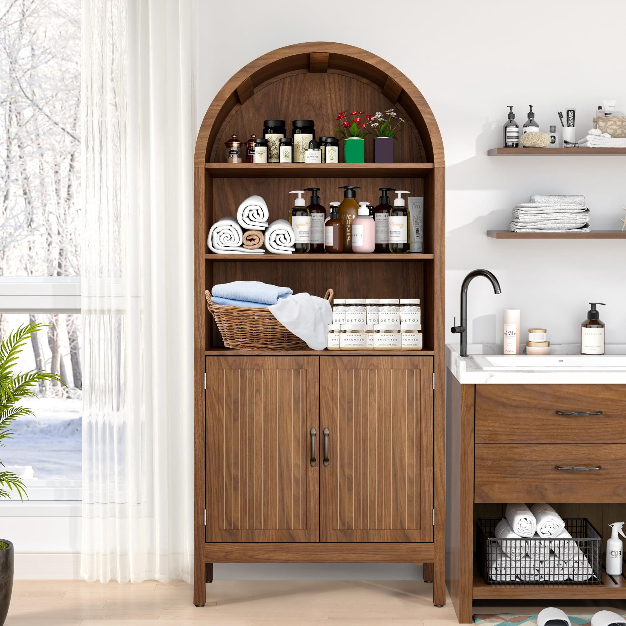 Fsbecl 70.9" fluted tall storage cabinet, arched bookcase cabinet Suitable for Living Room
