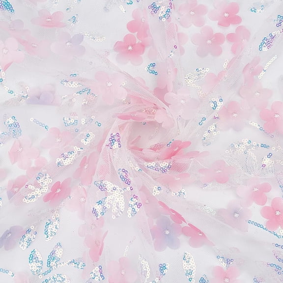 100CM Blue Sequins Sheer Mesh Fabric 3D Embroidered Pink Flowers Tulle Glitter Netting Colorful Gauze Polyester Cloth
