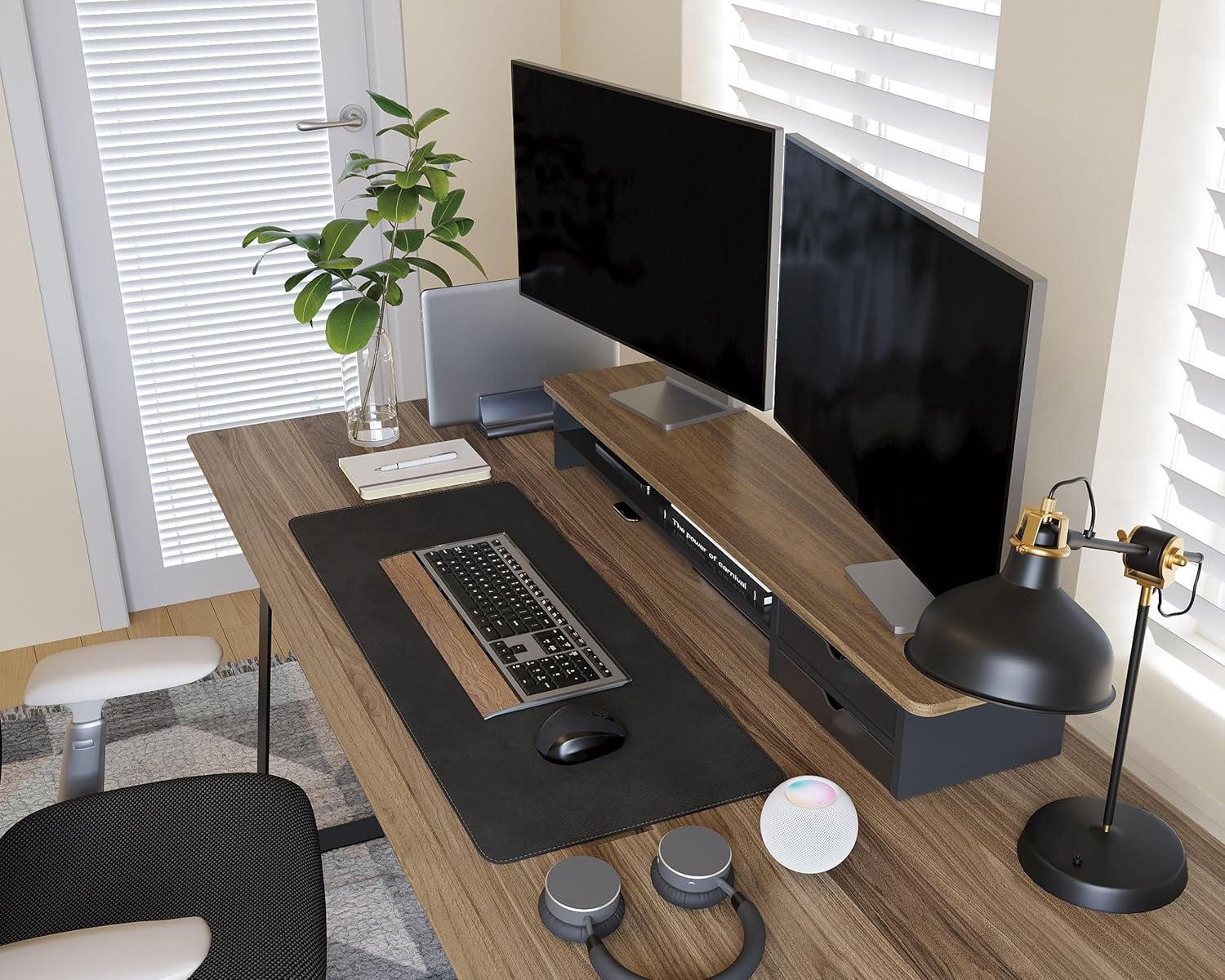 Monitor Stand, Dual Monitor Riser, 42.5inch Large Desk Computer Monitor Stand Riser with Drawer, 2 Tier Wood & Acrylic Desktop Organizer for Computer, Laptop, Printer, TV Screen Riser