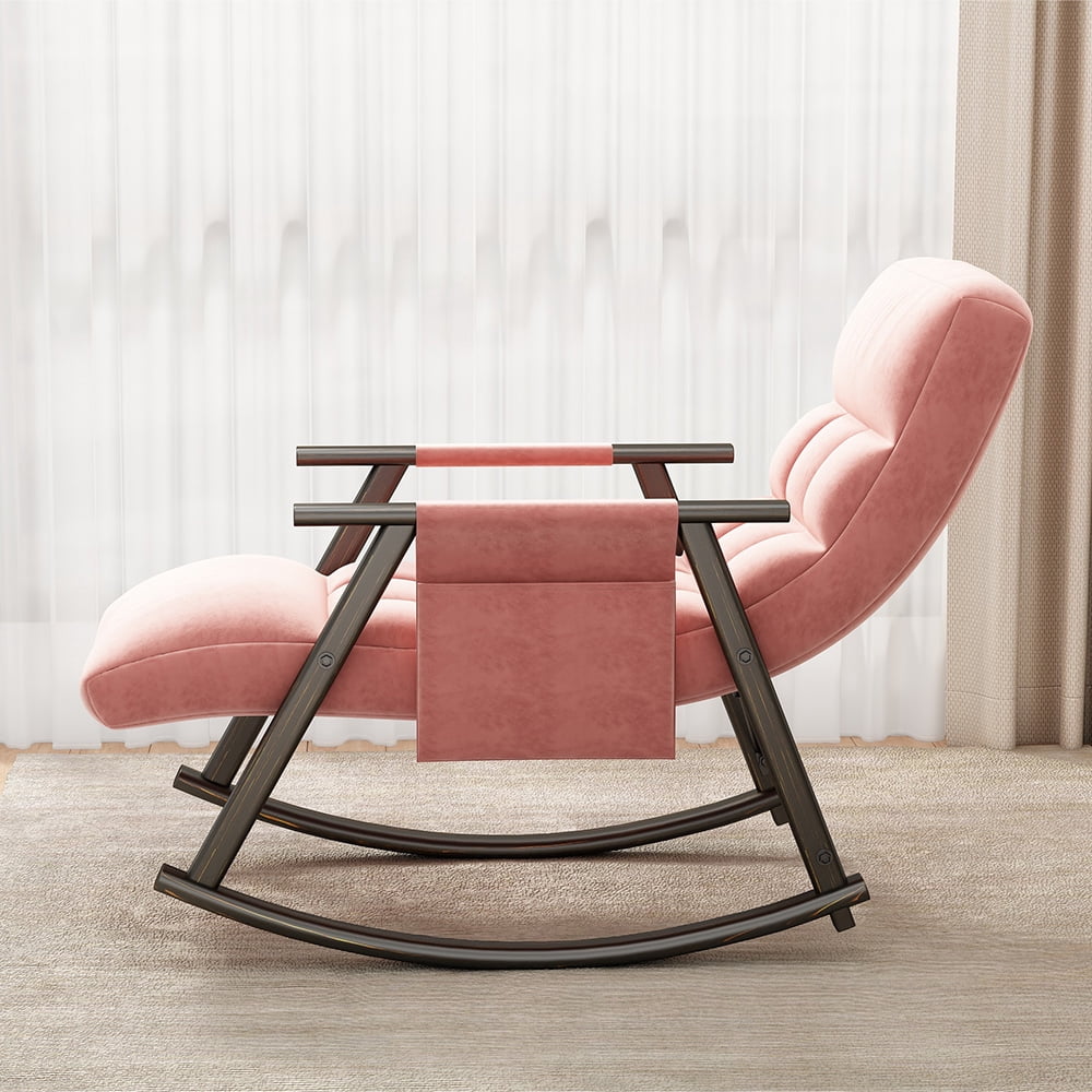 Accent Folding Rocking Recliner Chair with Side Pocket, Upholstered Nursery Glider Chair with 5 Adjustable High Back for Living Room Bedroom Balcony, Pink