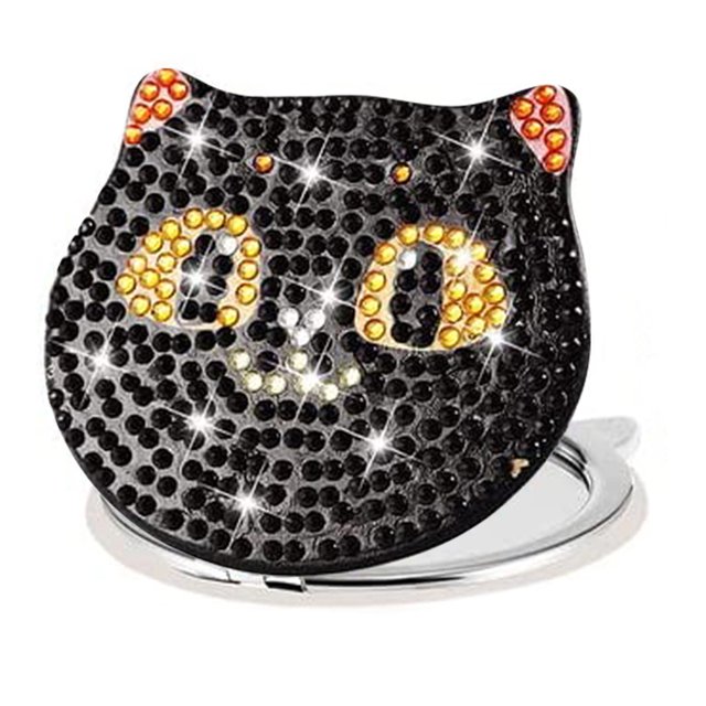 Espejo Maquillaje Con Mosaico Artístico Diamante Bolsillo Artesanal Gato Dibujos Animados Doble Cara