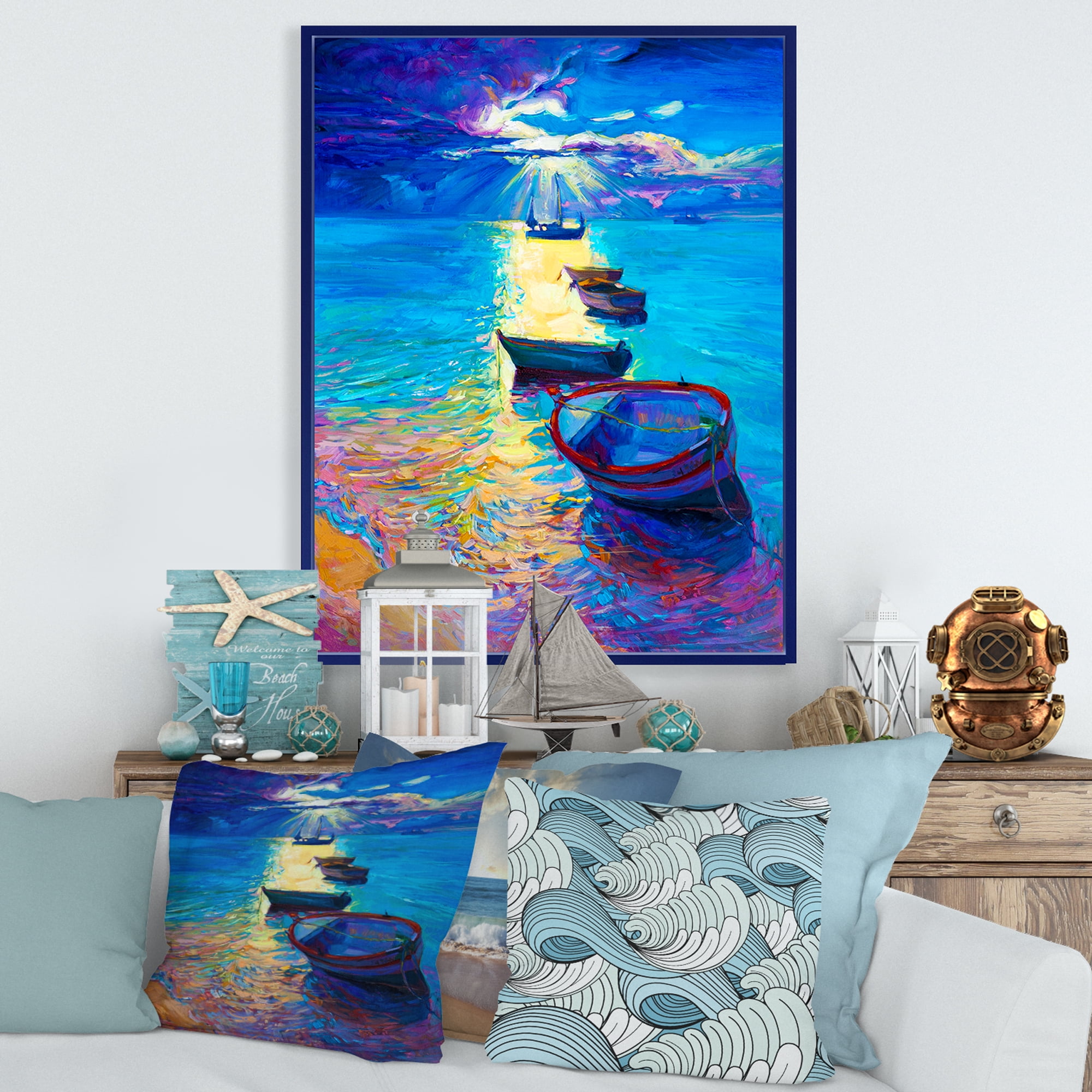 Designart 'Fishing Boats On The Water With Dark Blue Sky Illustration' Lake House Framed Canvas Wall Art Print