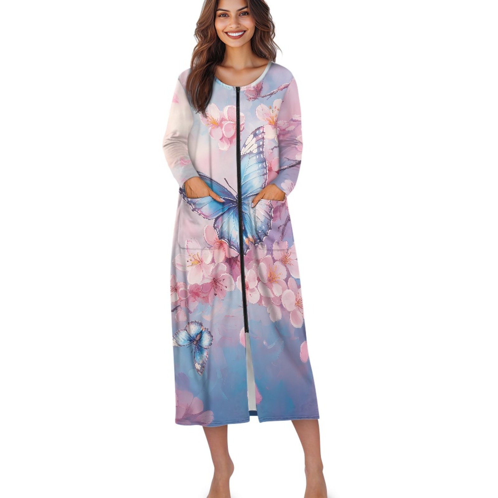 Xoenoiee Butterfly Cherry Blossom Print Robes for Women Zipper Front Bathrobe Long Sleeve House Coat Long Nightgown With Pockets Soft Loungewear 3XL