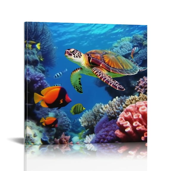 JRXY Bathroom Canvas Wall Art Sea Turtle Wall Decor for Living Room Colorful Fish Coral Dolphin Ocean Theme Underwater World Pictures for Bedroom Navy Seascape Artwork Framed 16x16in 12x12 in