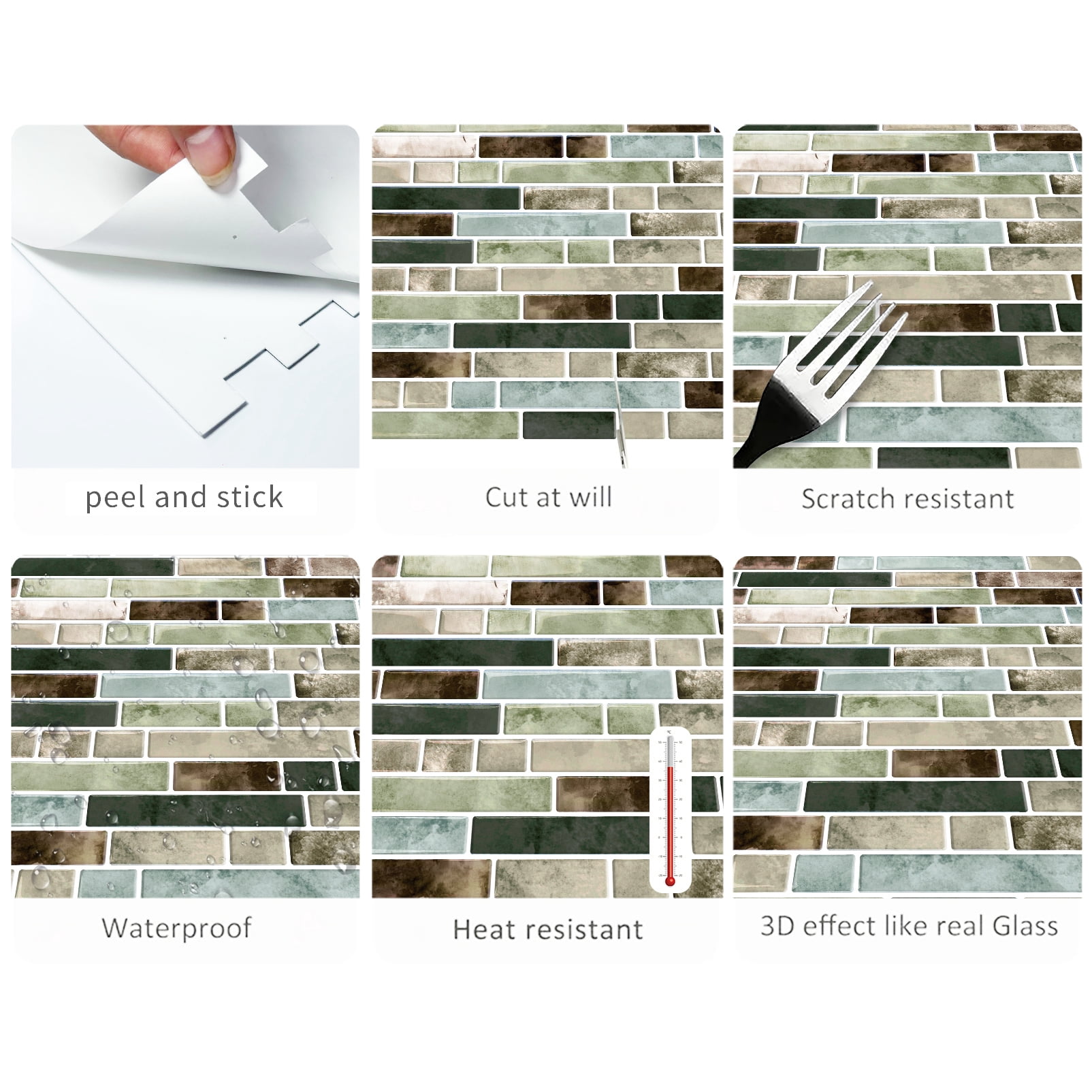 DEWOO Thick Kitchen Peel and Stick Tile Backsplash, Stick on Wall Tiles, 12"x12" Self Adhesive Sticky 3D Wall Marble Tiles Bathroom (10-Sheet，Green Brown)