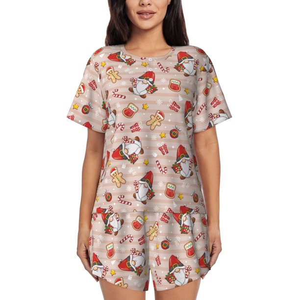 Balery Christmas Gnomes Santa Claus Conjunto de Pijama para Mujer con Estampado, Dos Piezas de Manga Corta y Shorts, Ropa de Dormir Suave con Cuello Redondo y Bolsillos-X-Large