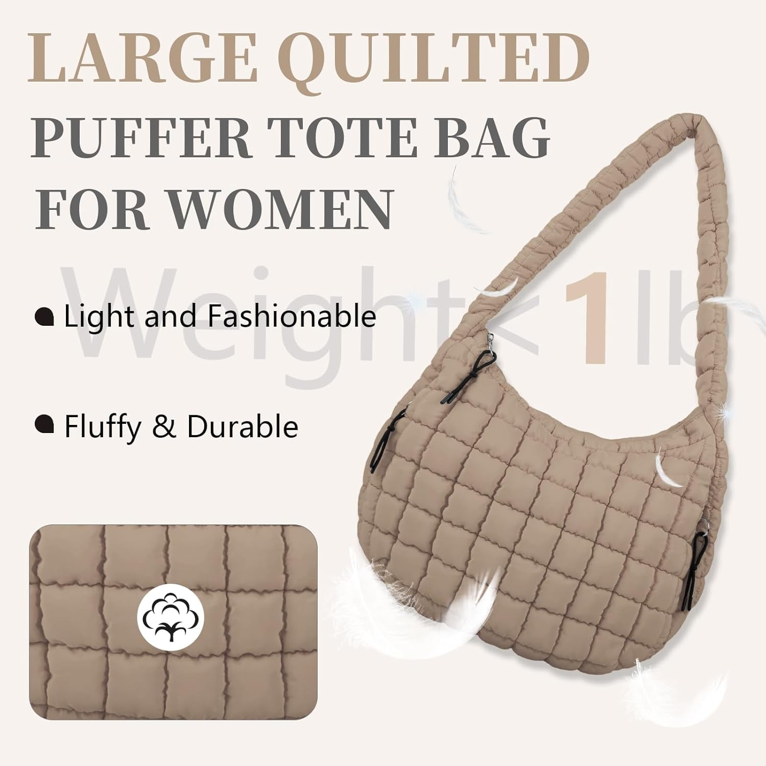Lohol Quilted Puffer Tote Bag for Women - Large Crossbody Bag, Lightweight Nylon Puffy Carryall Hobo Puff Shoulder Bag-Khaki
