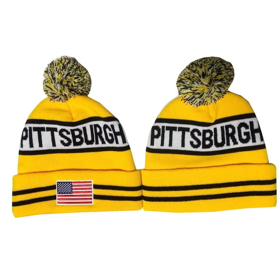 Cayyon US Flag Pittsburgh City Football Embroidery Classic Pom Cuff Beanie Hat Cuffed Winter Hat Knit Toque Skull Cap