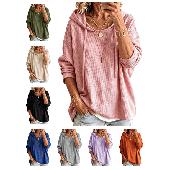 Busydd Womens Waffle Hoodies Trendy Knit Drawstring Hooded Sweatshirt Casual Long Sleeve Solid Color Pullover Tops