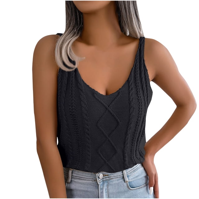 Mrat Basic Tank Tops Women's Solid Color V-Neck Shirt with Exposed Button Button Tops Basic Tank Tops for Women S-425 Black L