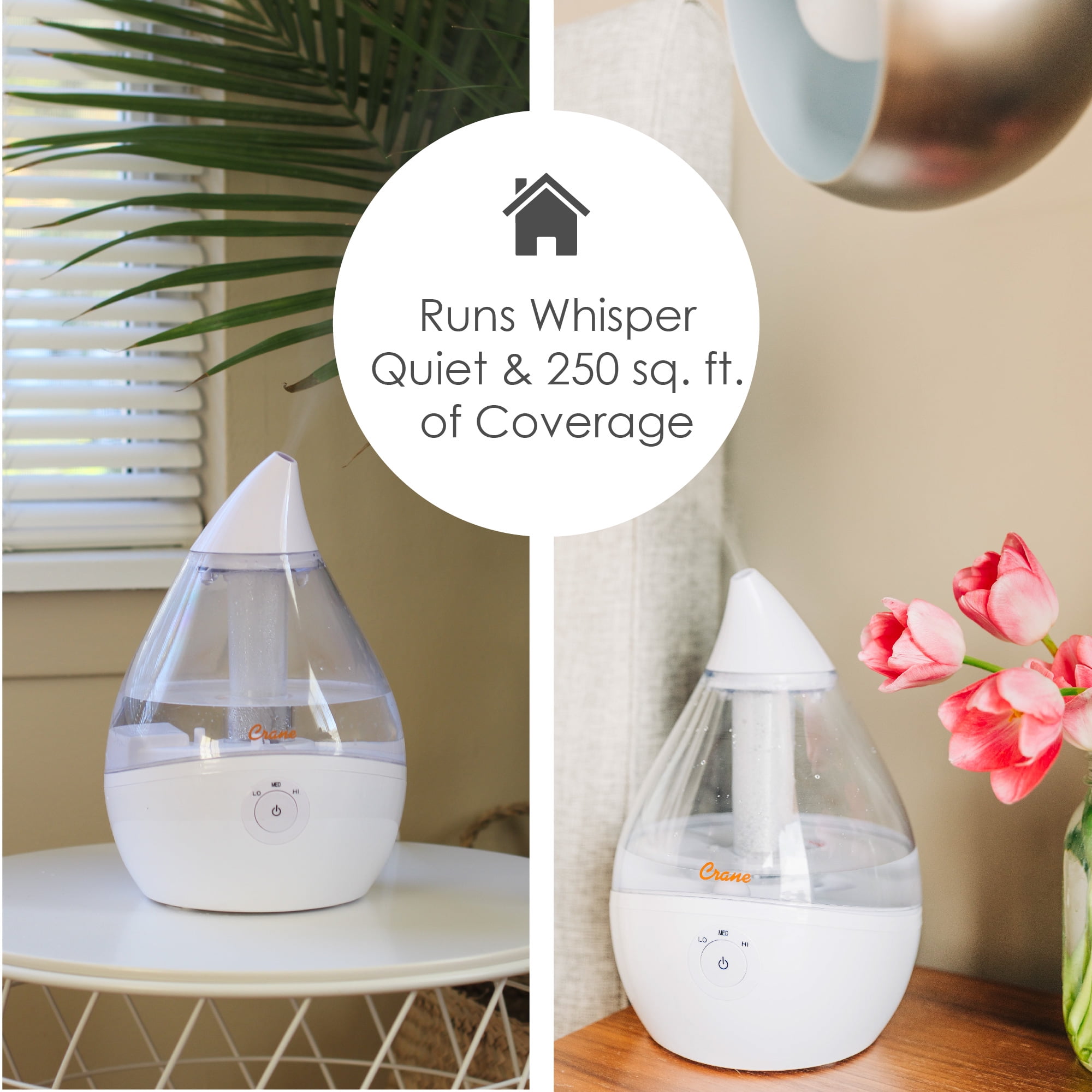 Crane Droplet Ultrasonic Cool Mist Humidifier, 0.5 Gallon, 15 Hour Run Time, Optional Vapor Tray, 250 Sq. Ft. Coverage, Clear/White