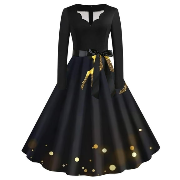 WXLWZYWL Christmas Dresses for Women Long Sleeve V Neck Cocktail Swing Dress Xmas Printed Party Midi Dress 1950s Vintage Dress