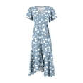 thumbnail image 4 of WTOBBY Women's V-Neck Waisted Floral Print Short Sleeve Dress with Ruffle Accent, Feminine and Comfortable for Spring Summer Fashion,Blue L, 4 of 5