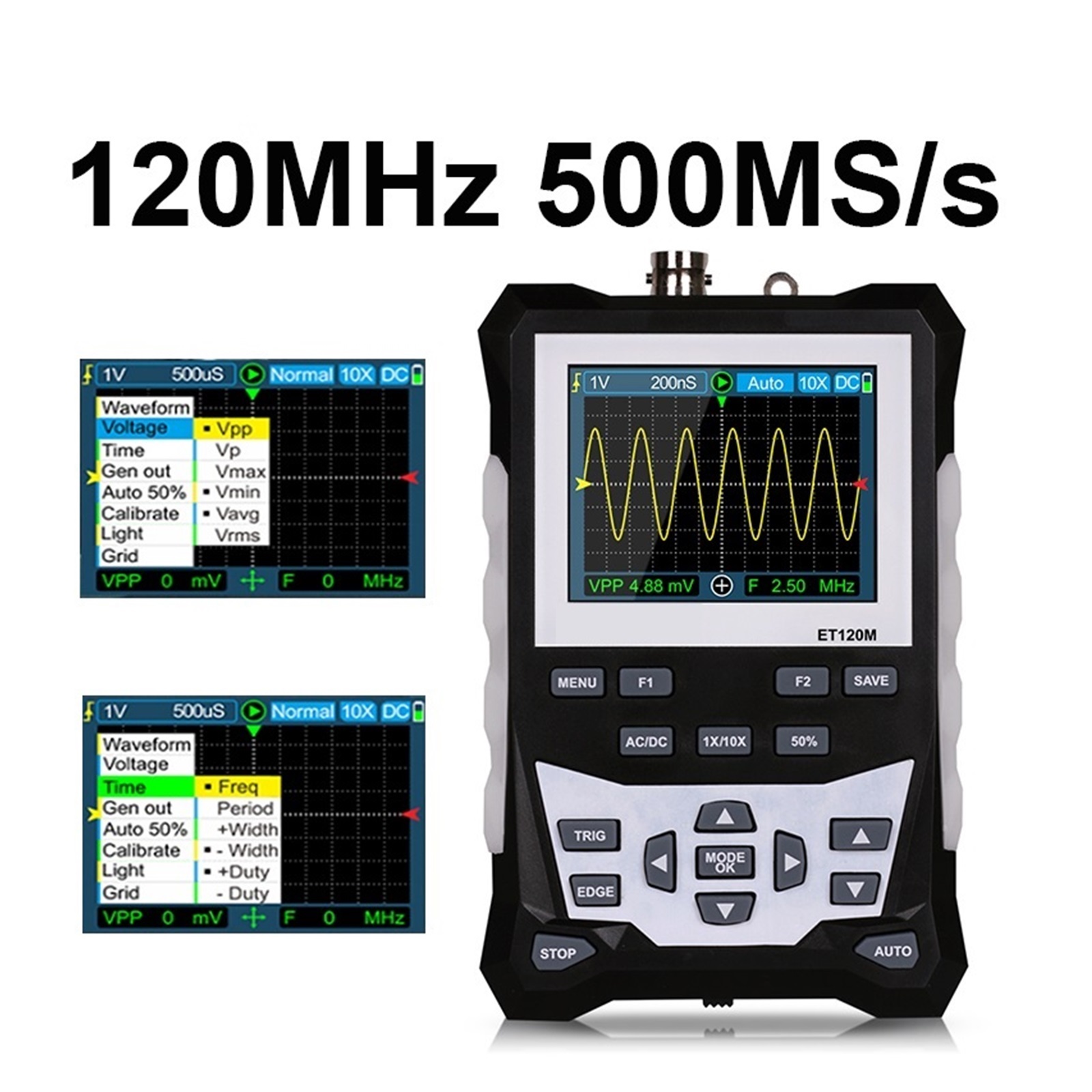 ET120M Digital Oscilloscope Professional 500MS/s 120MHz One Key Auto Laboratory Electrical Repair Portable Storage ,Professional Designed