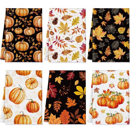 KKFEN-6 Pcs Thanksgiving Kitchen Towels Fall Pumpkins Dish Towels Maple Leaf Tea Reusable Hand Autumn Absorbent Cloth 15.75 x 23.62 (Red Fall)