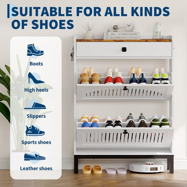 QinaQin 4 Flip Drawer Shoe Storage Cabinet, Hollow Out Panel, White & Rustic