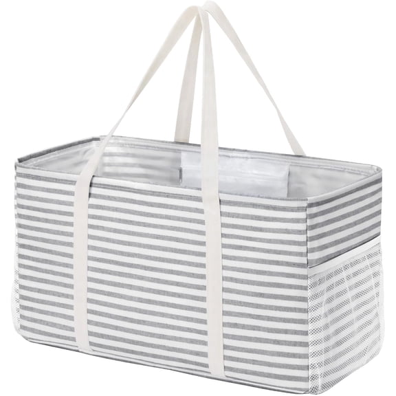 YANTONG Extra Large Tote Bag, Reusable Grocery Bags with Metal Wire Frame and Handles, Standing Utility Foldable Shopping Bags for Storage, Picnics, Beach, Laundry, Car, 46L, 1 Pack, Gray