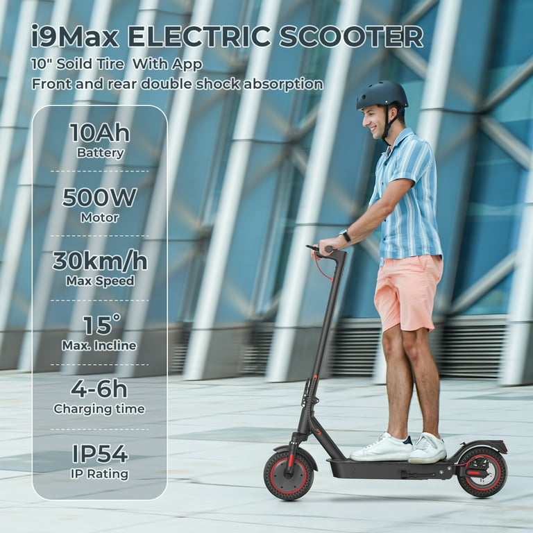 iscooter i9MAX Electric Scooter Adult, 500W Motor, 10 Solid Tires, 21.7  Miles Long Range, 18.6 mph Folding Commuter Electric Scooter for Adults, Front (Ultra Double) Suspension and Dual Braking 