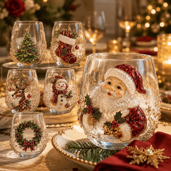 3D Christmas Glass Art Cup, Christmas Decorative Glass Cup with Raised Tree Stocking Reindeer Snowman Wreath Santa Design, Stemless Holiday Glass for Coffee Juice Cocktails and Décor