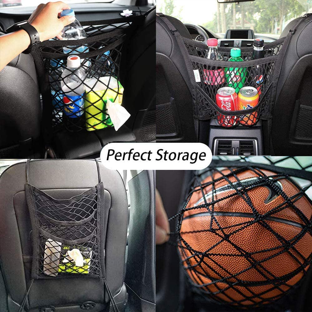 SUNACCL Car Dog Barrier,Universal Stretchy Car Seat Storage Mesh with Auto Safety Mesh Organizer Baby Storage Bag Disturbing Stopper from Children and Pets 2 Layer 