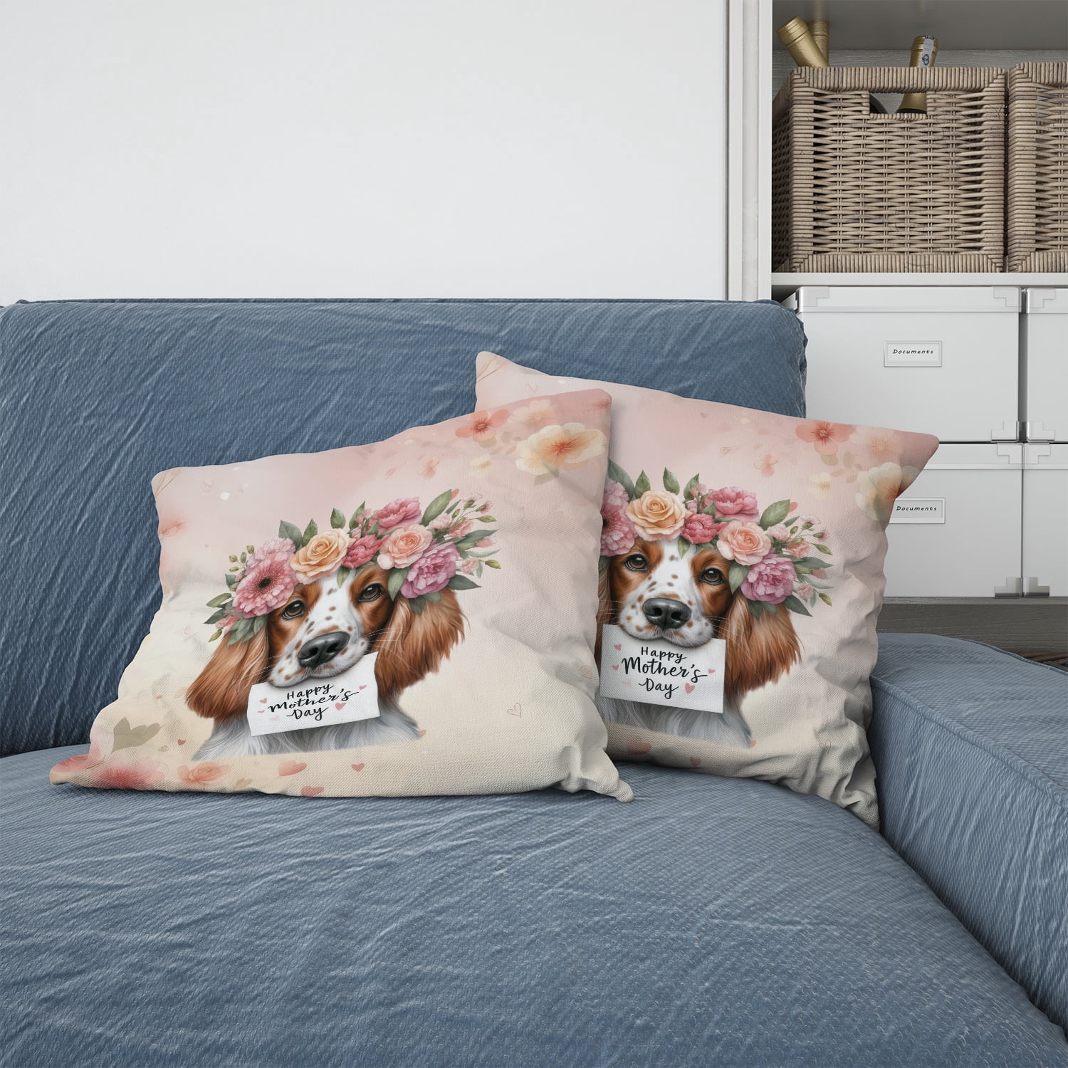 Happy Mother's Day English Setter with Flower Crown and Greeting Card Pillow Cushion Double Sided Dog Lover Throw Pillow - 13004
