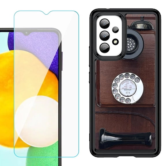 Shockproof Bumper (Black Frame) phone Case for Samsung Galaxy A23 5G, with Tempered Glass Screen Protector, by OneToughShield ® - Vintage Payphone