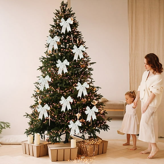 Hmgxay Christmas Bow, Decorative Satin Ribbon Bow for Festive Decor, Holiday Gift Wrapping Bow, Layered Christmas Tree Ornament Bow(White)