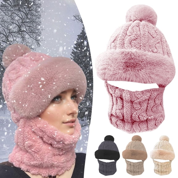 Ski Mask,Winter Plush Hat for Men Women,Winter Warm Knitted Caps,Windproof Blend Hooded Scarf Hat Warm Fleece Lined Neck Gaiter Beanie Cap for Cold Weather,Outdoor Activities(Black)