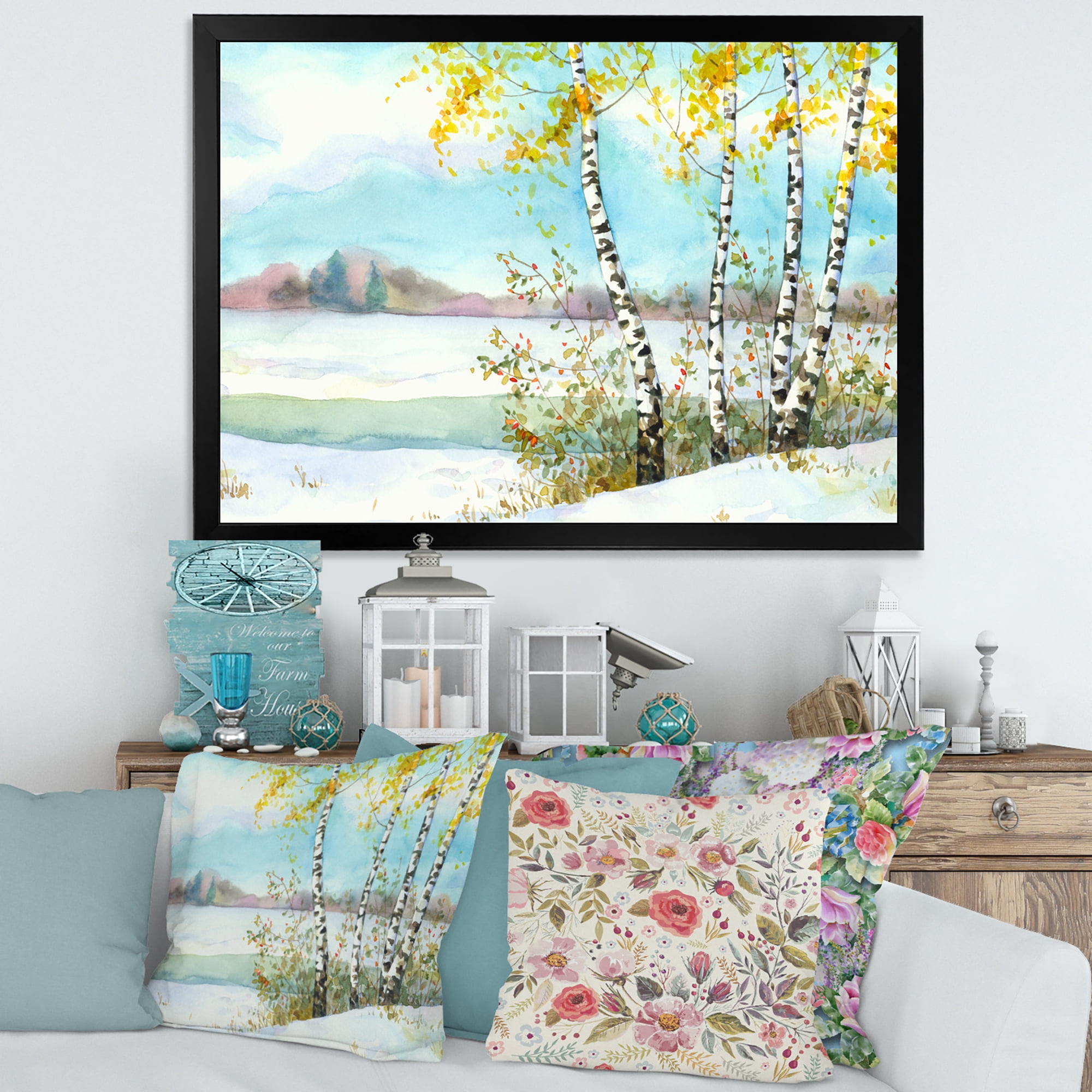 Designart 'Birches In Snowy Land' Lake House Framed Art Print