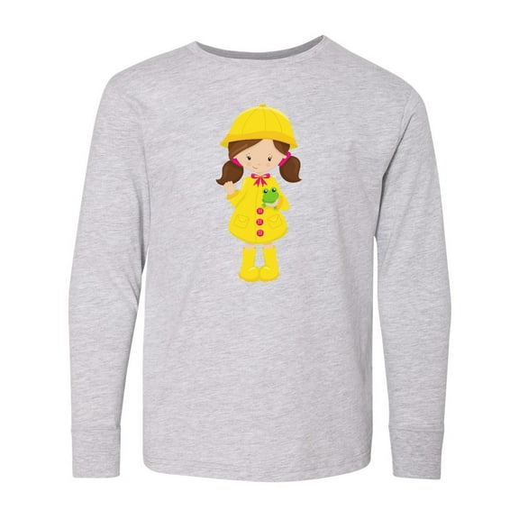 Inktastic Girl in Raincoat, Boots, Brown Hair, Frog Long Sleeve Youth T-Shirt