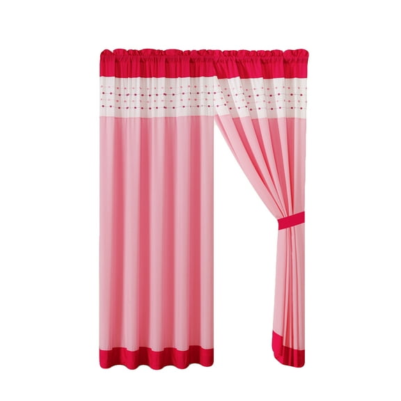 4-Pc Jasper Embroidery Square Stripe Curtain Set Hot Pink Ivory Valance Drape Sheer Liner