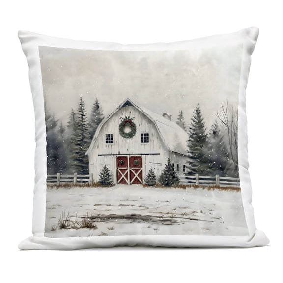 Stupell Industries White Christmas Barn with Wreath Outdoor Printed Pillow design by Creative Studio, 18 x 7 x 18