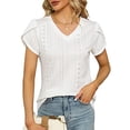 thumbnail image 1 of Blusa blanca XXL con escote en V y mangas cortas para mujer, con detalle de encaje, corte ajustado, 1 of 6