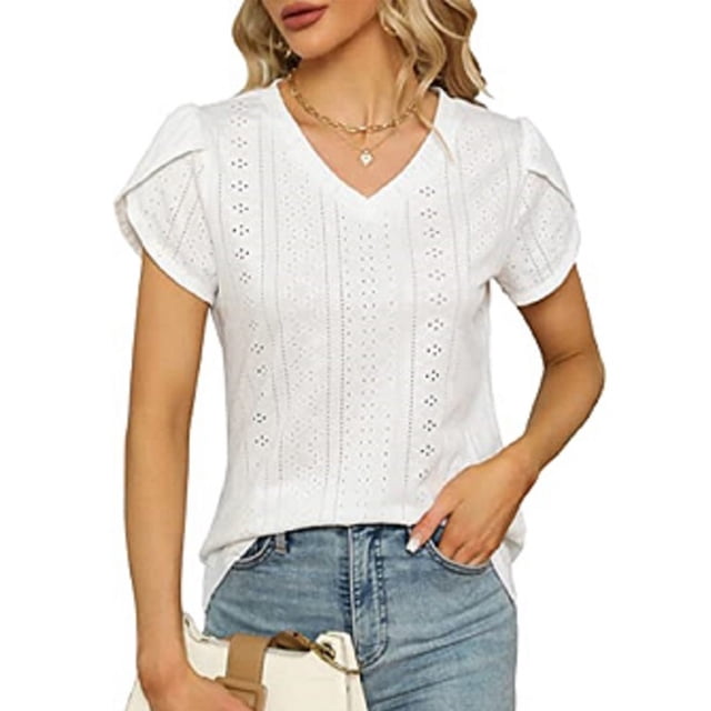 Blusa blanca XXL con escote en V y mangas cortas para mujer, con detalle de encaje, corte ajustado