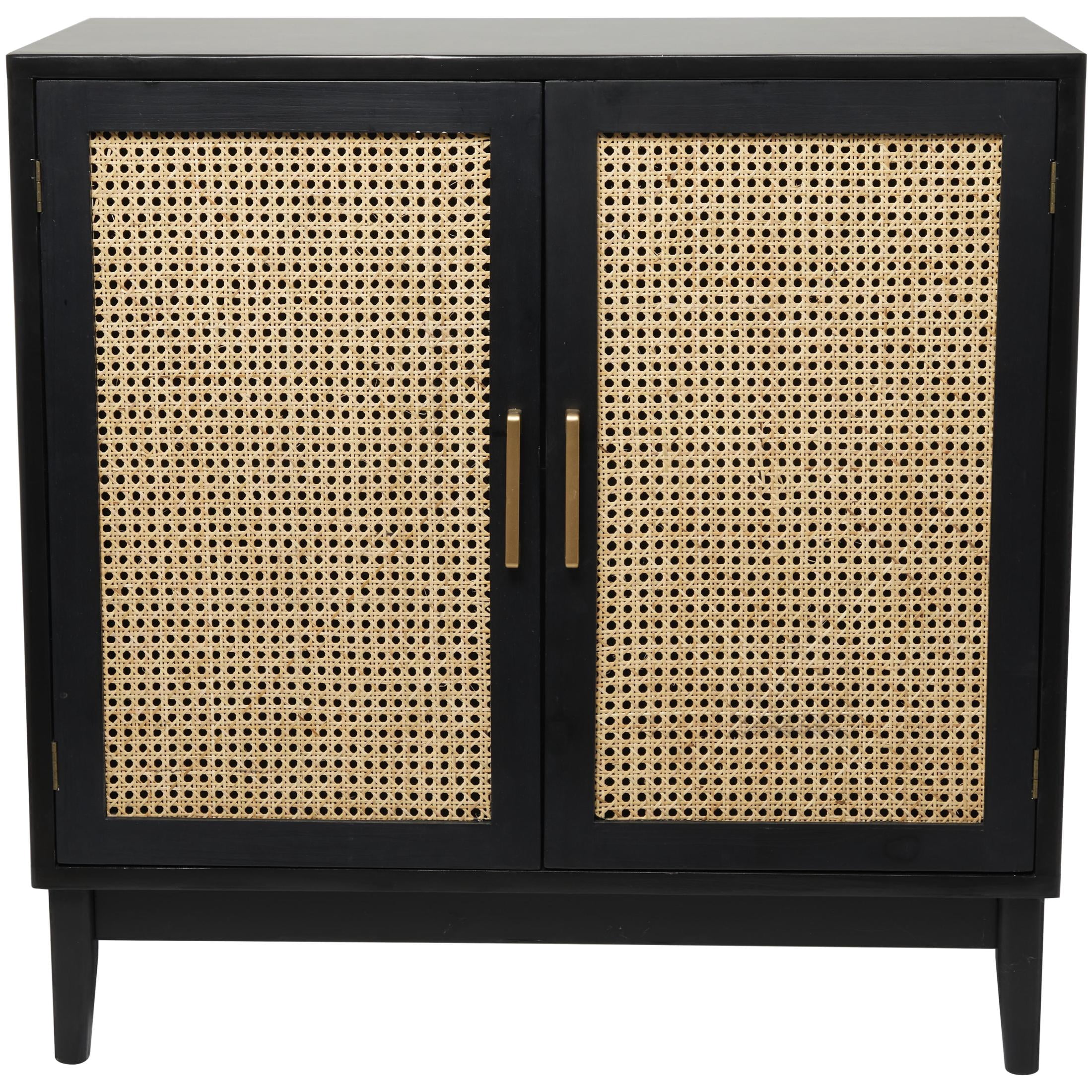 DecMode 36" x 36" Black Wood 2 Door Cabinet with Beige Rattan Doors and Gold Handles, 1-Piece