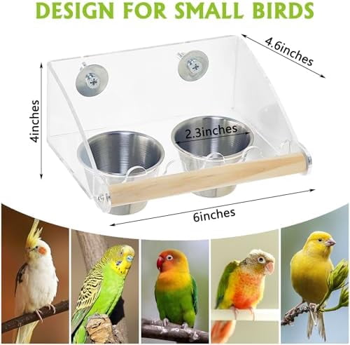 Bird Feeder for Cage with Double Stainless Steel Food & Water Bowls Anti-Slip Wood Perch Stand with No Mess Acrylic Seed Catcher for Parrot, Budgie, Parakeet, Lovebird, Canary, Finch,Conure