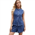 thumbnail image 2 of Conjunto de Dos Piezas de Mezclilla para Mujer, Informal, de Negocios, Sin Mangas, con Chaleco y Pantalones Cortos de Cintura Alta, Conjunto Deportivo Azul L, 2 of 10