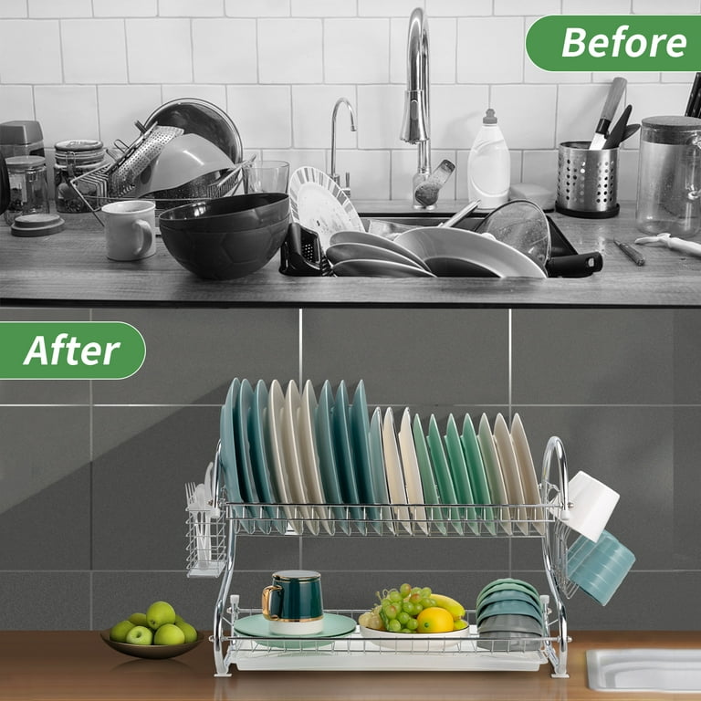 Double Rows Stainless Steel Dishes Drying Rack with Drain Board for Kitchen  Counter Dishes Rack кухонные