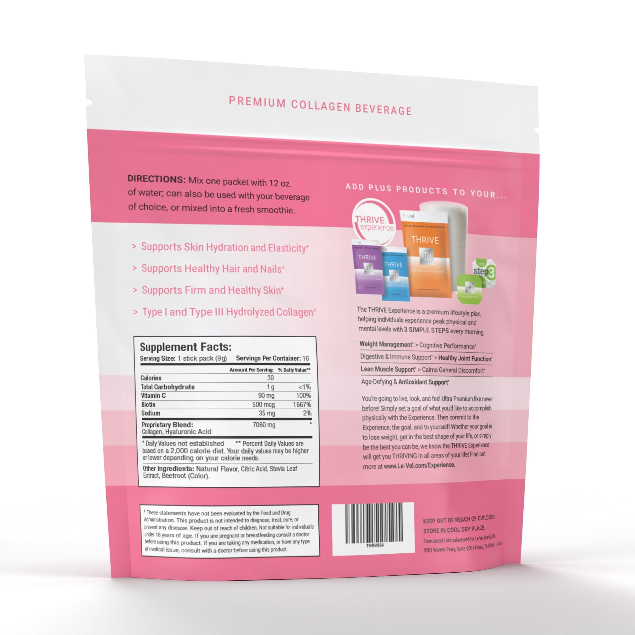 Thrive Premium Collagen Powder Drink - Pink Lemonade - Type I and III Collagen, Hyaluronic Acid, Biotin, Vitamin C